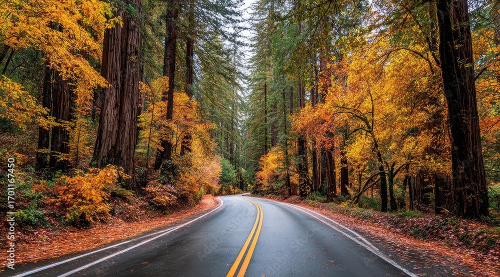 Obraz premium Winding road through a vibrant autumn redwood forest