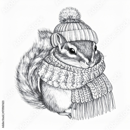Detailed Pen and Ink Drawing of Squirrel in Winter Hat and Scarf on White Background