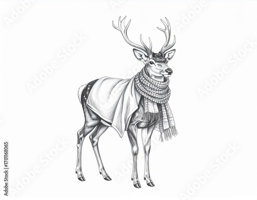 Stylized Deer Wearing Scarf and Poncho Isolated on White Background Vector Illustration