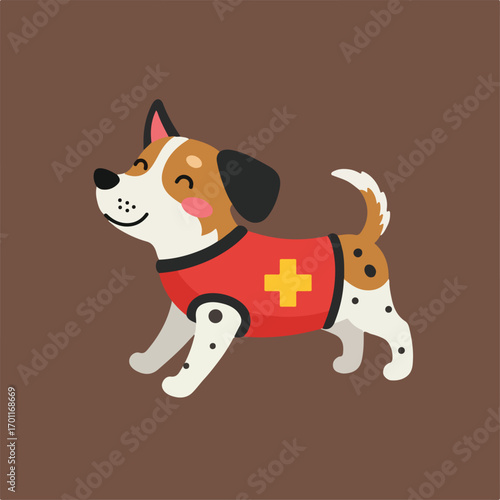 The image shows a cartoon dog wearing a red vest with a yellow cross, against a brown background, in a vector style design.