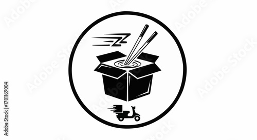 Vector art of logo for a fast food delivery service, featuring a wok, chopsticks, and scooter