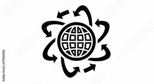 Vector art of global network or connection concept, with a stylized globe surrounded by orbiting arrows