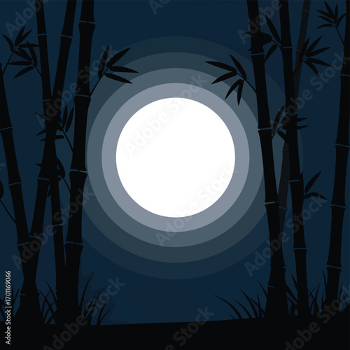 Minimalist Vector Night Scene with Bamboo Silhouettes and Full Moon in Dark Blue Style