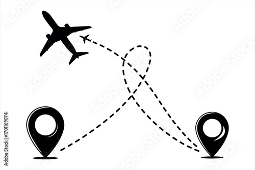 Black airplane silhouette flying on dashed route between two location pins flight travel
