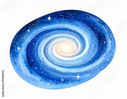 Watercolor Galaxy with Swirling Blue Arms and a Bright White Core on White Backdrop