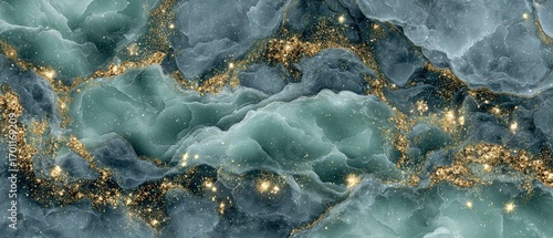 Abstract marble texture features teal and gray swirls accented with glitte golden veins creating a luxurious, artistic backdrop image.