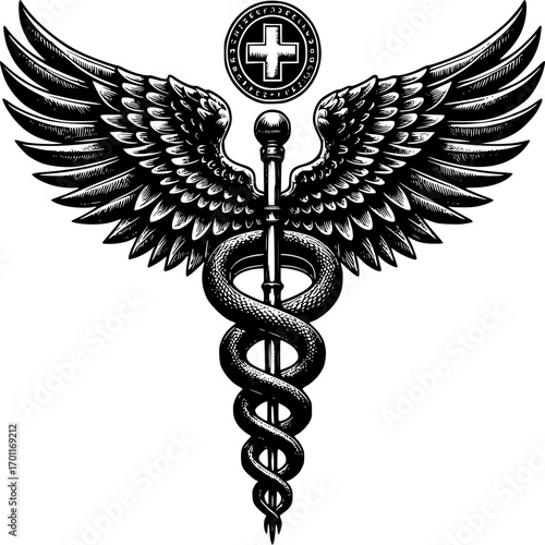 Caduceus Symbol: An intricate, artistic rendering of the caduceus, the globally recognized emblem of medicine, with its serpent-entwined staff, feathered wings, and a medical cross.