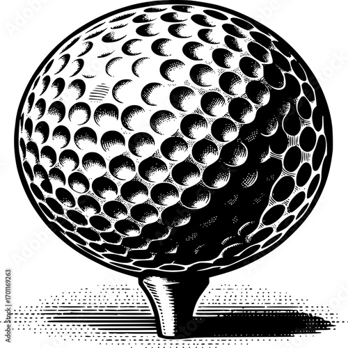 Golf ball on Tee: Close-up illustration of a golf ball perched perfectly on its tee, ready to be struck, symbolizing precision, strategy, and the pursuit of excellence.