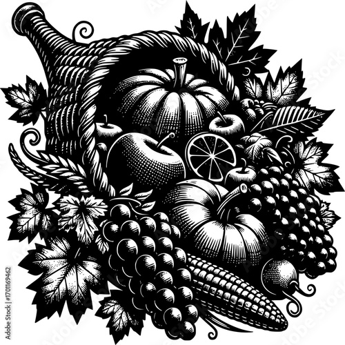 Horn of Plenty: A vintage illustration displays a overflowing cornucopia, overflowing with a variety of autumnal harvest items. The scene captures the essence of abundance, harvest, and gratitude.