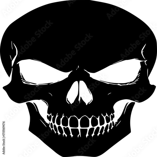 Abstract Skull Silhouette: A stark, black silhouette of a human skull, presented in a minimalist and striking design. Perfect for themes of danger, Halloween, or abstract art.