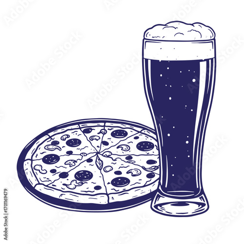 Delicious pizza and beer illustration perfect for italian restaurants and beverage concepts