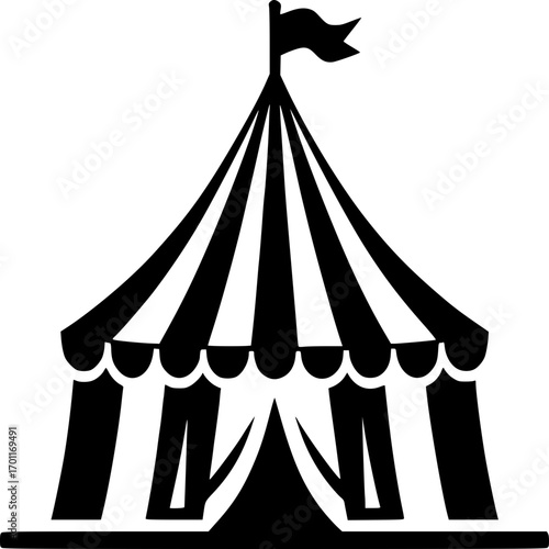 Circus Tent Icon: A bold and graphic icon of a classic circus tent, featuring striped patterns, a flag, and a sense of vintage charm. evoking anticipation and nostalgia