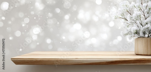 Light wooden shelf with snowy decor against a soft, blurred backdrop of light gray bokeh