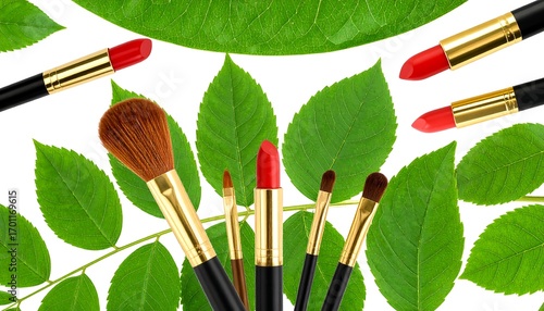 Makeup brushes and lipsticks, green leaves