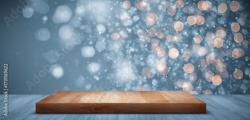 Wooden tabletop with a soft, winter-themed background