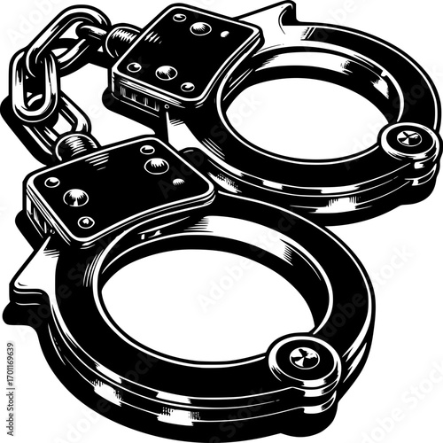 Secure Restraint: An artistic monochrome depiction of gleaming handcuffs, symbolizing authority, legal proceedings, and the constraints of law and order.