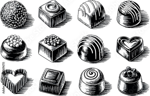  a collection of beautifully rendered chocolates, each with a distinct shape and design, presented in a black and white sketch style.
