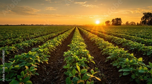 Sunset over a soybean field.  Rows of young soybean plants stretch into the distance, bathed in golden light as the sun sets