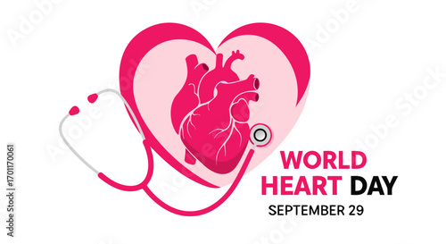 World heart day concept with a pink heart shape, stethoscope, and text promoting cardiovascular health and awareness on september 29th