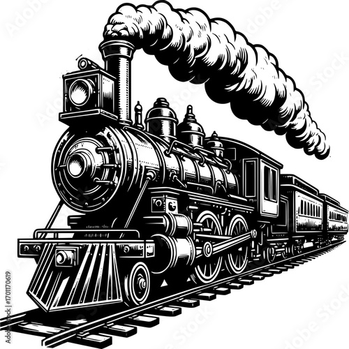 Vintage Steam Train: A classic black-and-white illustration of a vintage steam train, billowing smoke as it travels along the tracks, evoking a sense of nostalgia for a bygone era.