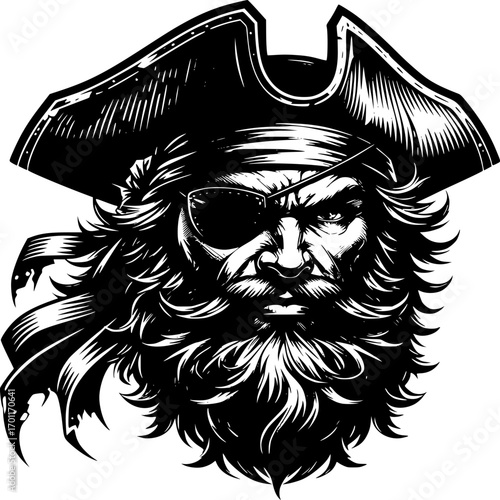 Seafaring Pirate Portrait: A stern and weathered pirate, adorned in a classic tricorn hat and eyepatch, exudes a commanding presence.