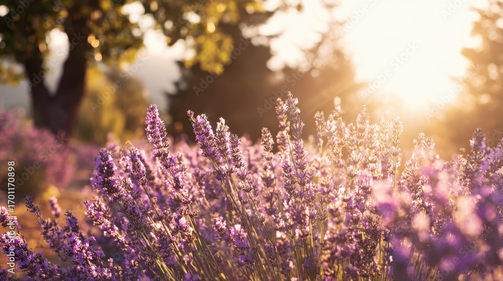 Obraz premium Lavender flowers bloom vibrantly in sunlit field, creating serene and tranquil atmosphere. warm sunlight enhances purple hues, inviting sense of peace and relaxation