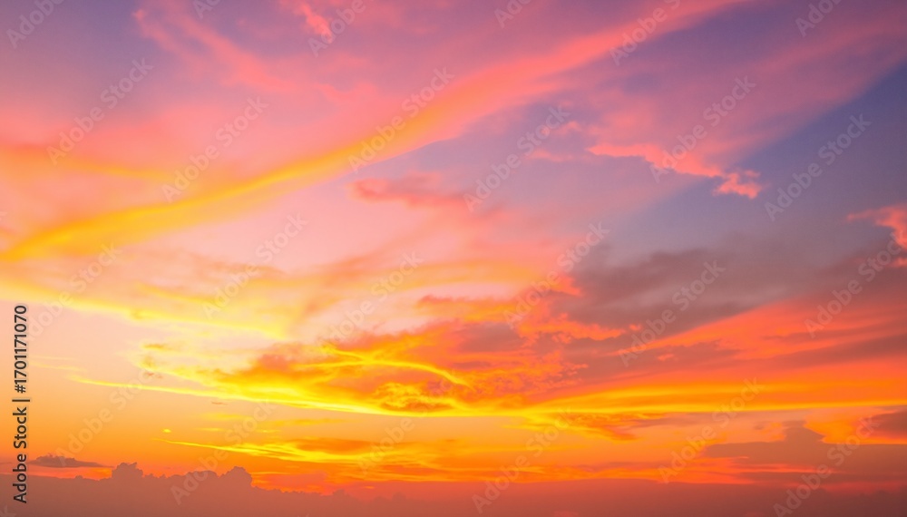 Fototapeta premium A breathtaking sunset paints the sky in vibrant hues of orange, pink, and purple, casting a warm glow over tranquil waters and silhouetted trees.