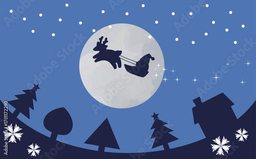 クリスマスの夜に空を飛ぶトナカイとサンタクロースのイラスト