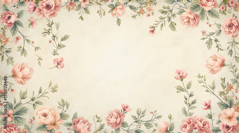 Vintage Floral Border with Pink Roses and Green Leaves on Cream Background for Elegant Design