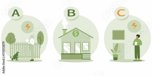 Three different scenarios of home ownership and energy consumption illustrated with icons and figures