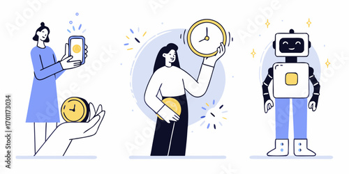 People and robot interacting with coins and clock representing time and money management concepts