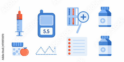 Collection of medical icons representing diabetes management including a syringe glucose meter pills and healthy food