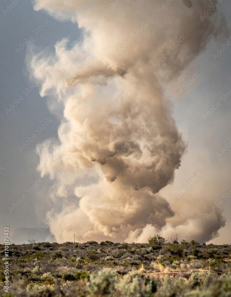 Fototapeta premium Dusty Whirlwind over Desert Landscape in Arid Climate under Cloudy Skies