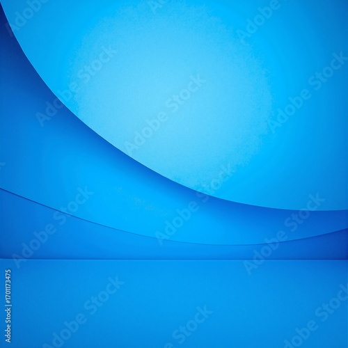 A vibrant blue background features elegant, flowing curved lines in varying shades of blue, creating a sense of depth and movement throughout the image.