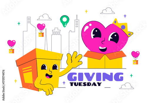 Happy Giving Tuesday Celebration Vector Illustration featuring Love, Gift Giving, and Encouraging People to Donate in a Flat Style Cartoon Background