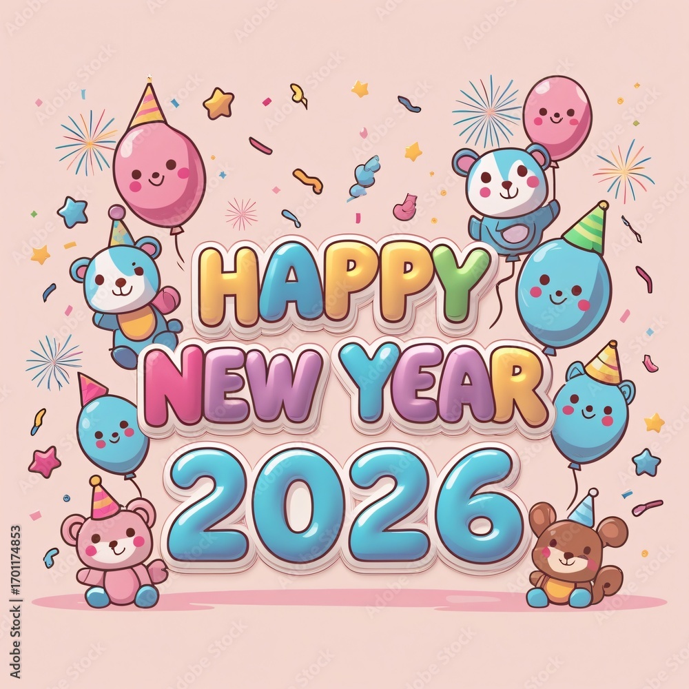 Fototapeta premium Cute cartoon bears and balloons celebrating Happy New Year 2026 new.design creative 4k hd