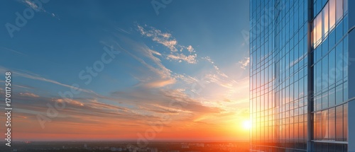 A glass skyscraper reflects the beautiful sunset with orange and yellow light on a clear day with scattered clouds in the horizon line.
