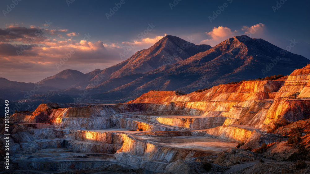 Fototapeta premium Majestic mountains rise in background of vast mining landscape, showcasing terraced earth formations illuminated by warm glow of sunset. scene evokes sense of awe and natural beauty