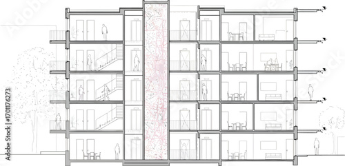 Detailed architectural cross section drawing of a multi story building showing floor plans and interior details