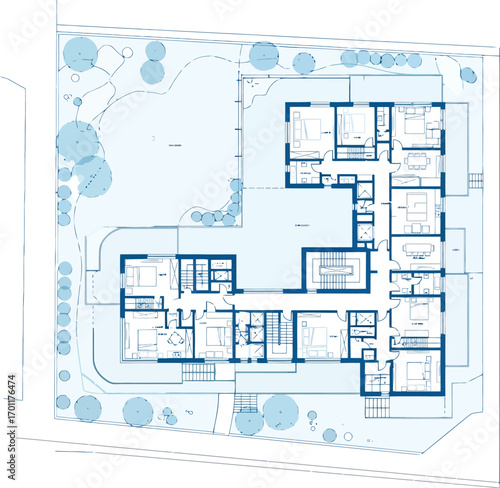 Architectural floor plan drawing of a modern residential house with detailed room layouts and exterior landscaping elements