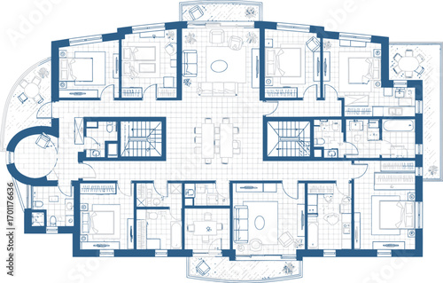 Detailed architectural blueprint of a large multi story residential house floor plan with rooms and dimensions