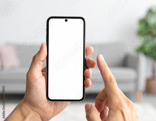 Hand holding smartphone with blank white screen mockup. Generated image