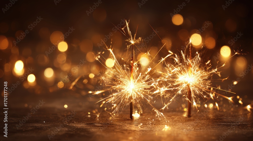 Fototapeta premium Two vibrant sparklers illuminate the scene, creating a festive atmosphere with bokeh lights shimme softly in the dark background tonight.