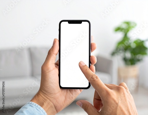 Hand holding smartphone with blank white screen mockup. Generated image