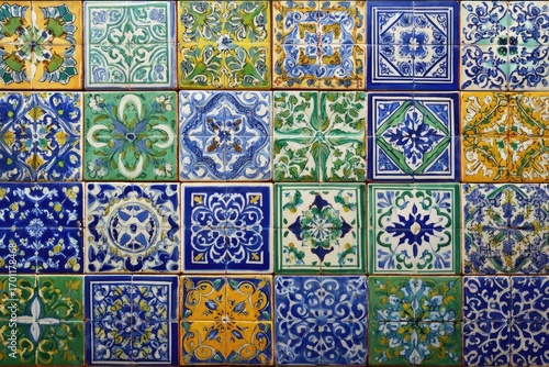 Colorful ceramic tile mosaic, patterned squares