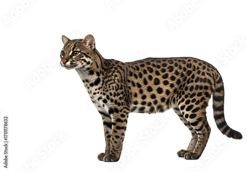 Fotografie Magnificent ocelot portrait against white backdrop, showcasing its intricate spotted coat and captivating gaze, celebrating the beauty of wild cats