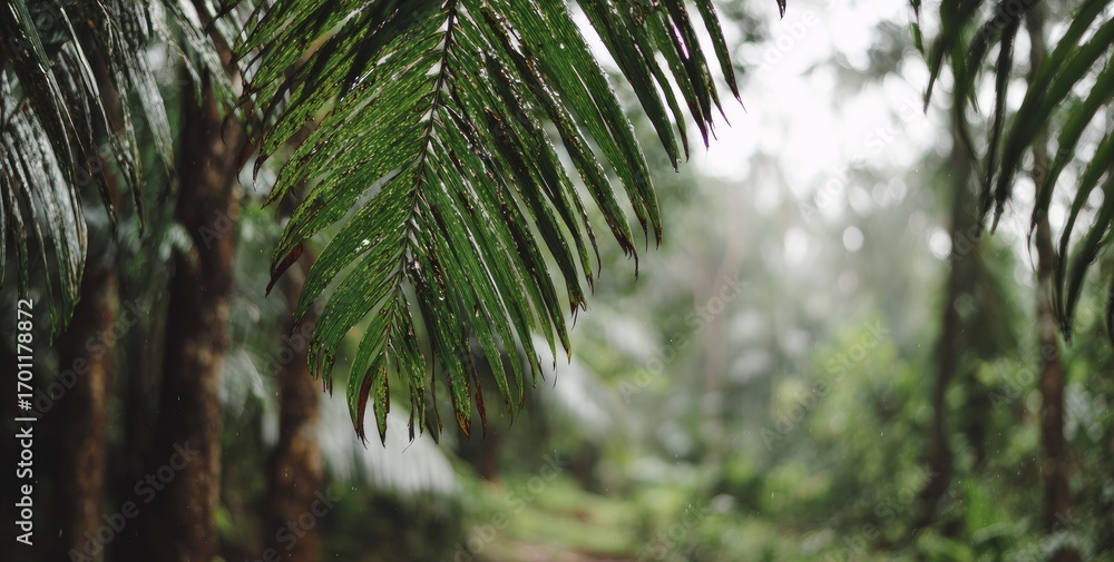 Fototapeta premium Lush rainforest foliage in a misty scene