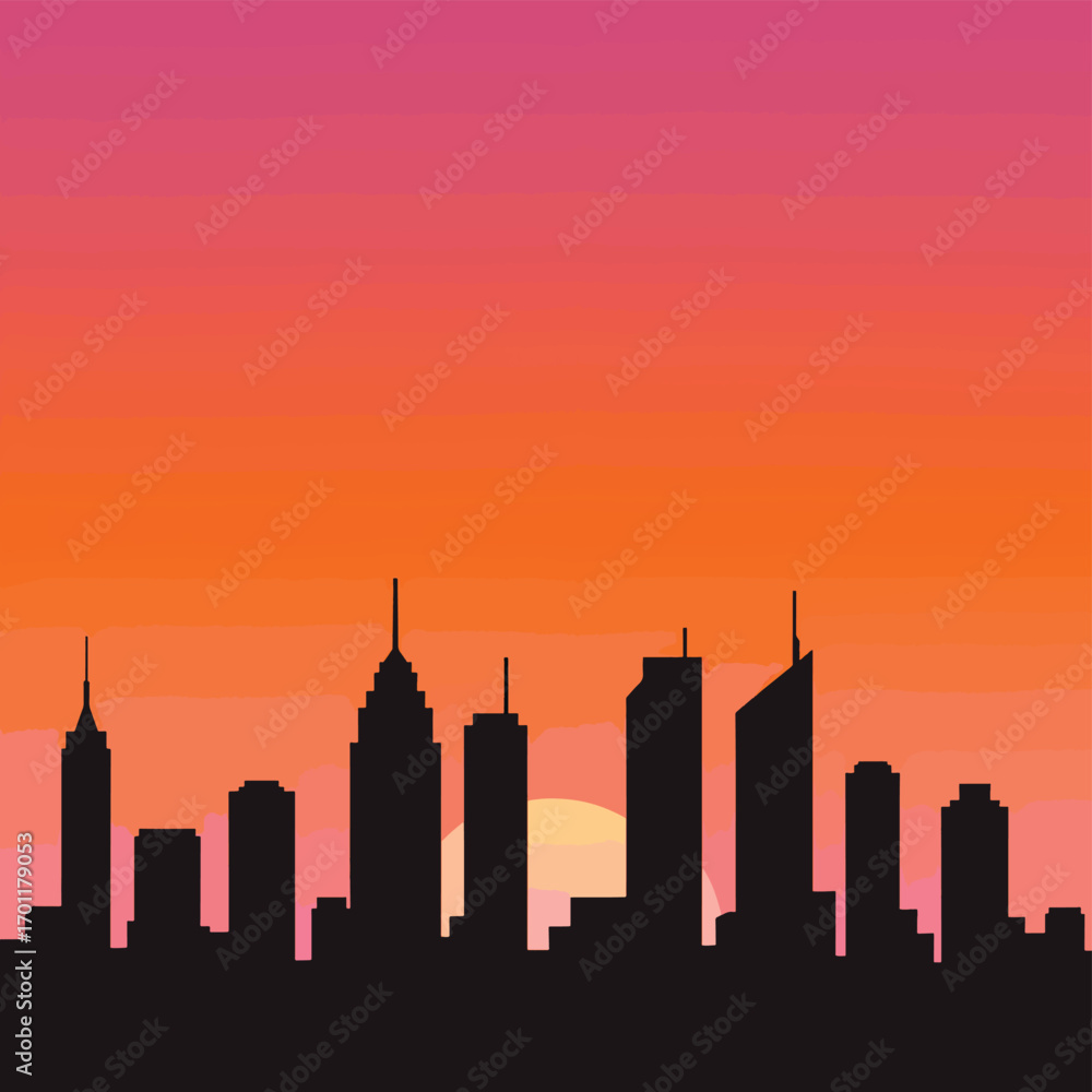 Obraz premium Modern City Skyline Vector Illustration with Sunset Gradient Colors in Minimalist Style