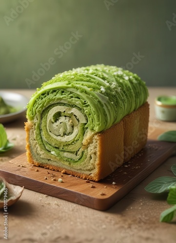 Fluffy matcha roll cake, dusted with green tea powder , baked, food styling