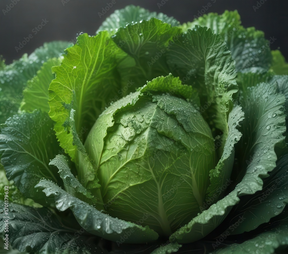 Obraz premium Fresh green cabbage with glistening water drops on vibrant leaves , organic, freshness